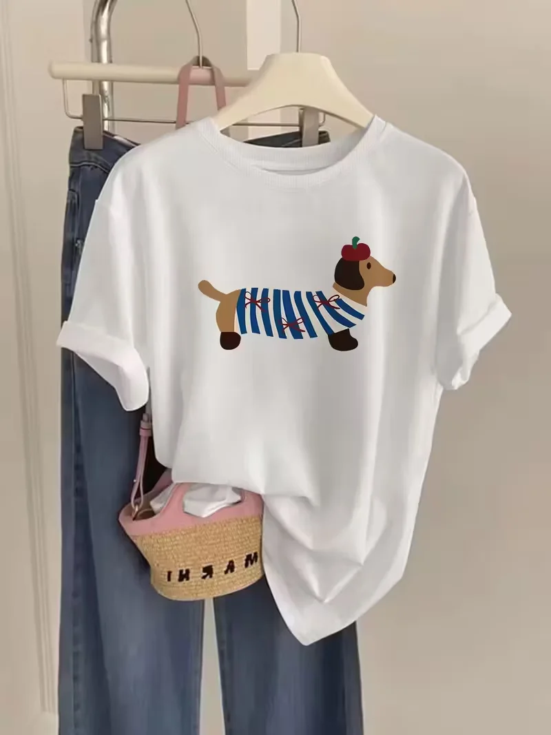 Cartoon Style Short-Sleeve T-Shirt with A Striped Dog Print, Round Neck Summer Women's Clothing Casual T-shirt Daily Streetwear