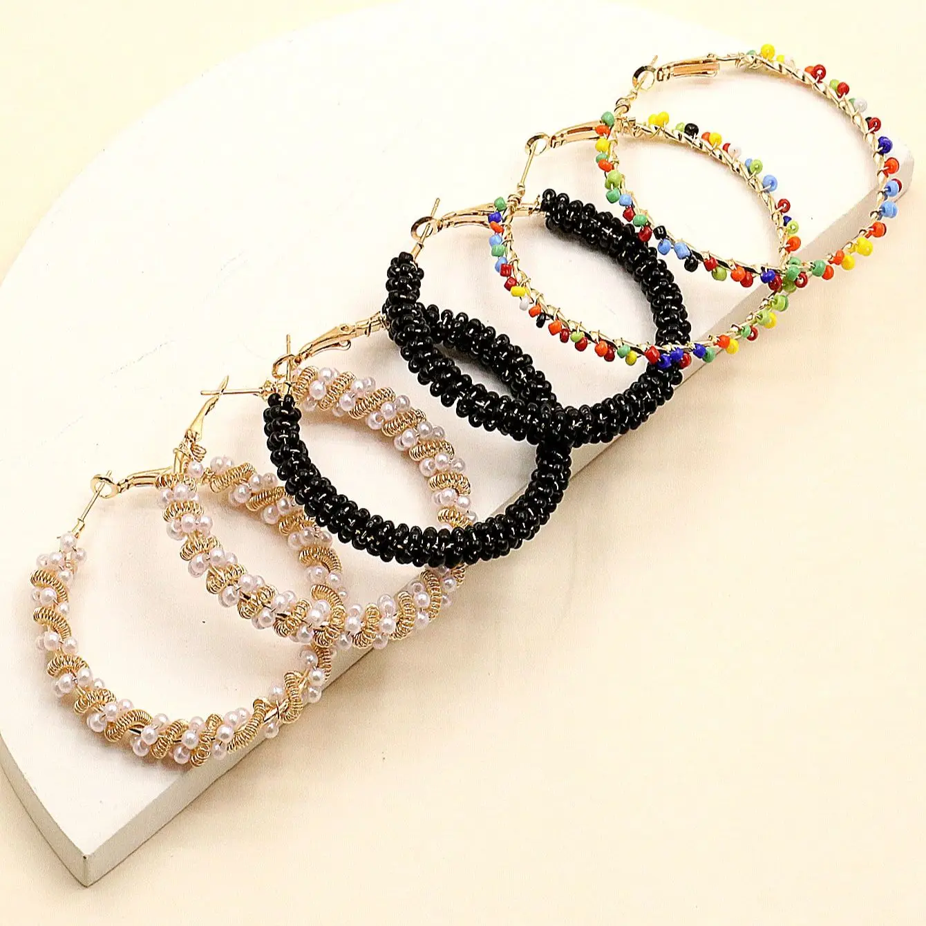 6 Pieces Summer Exaggerated Ladies Color Handmade Rice Bead Hoop Earrings All-match Casual Earrings Jewelry SetAll-match CAS