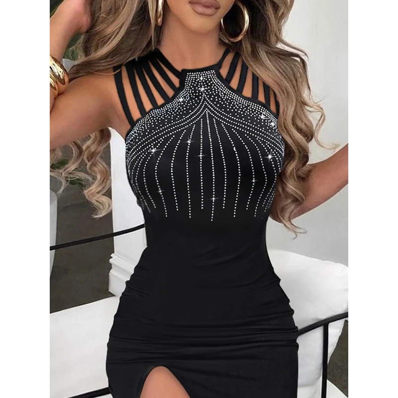 MUXI-Sexy Split Hip Wrap Dress, Temperament, Hot Diamond, Elegant, Nightclub, Banquet, Party, Spring and Summer, New Style