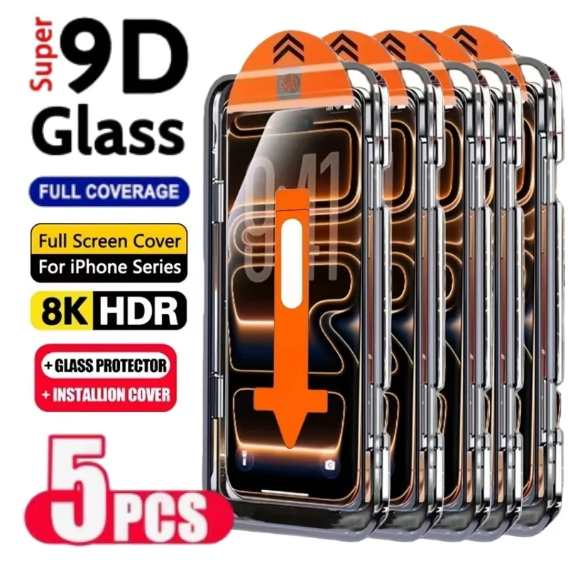 

5PCS Easy Install HD Screen Protector For iPhone 17 Pro Max Film 15 16 13 11 14 16e 12 Mini XR X Xs 7 8 Plus Air Tempered Glass