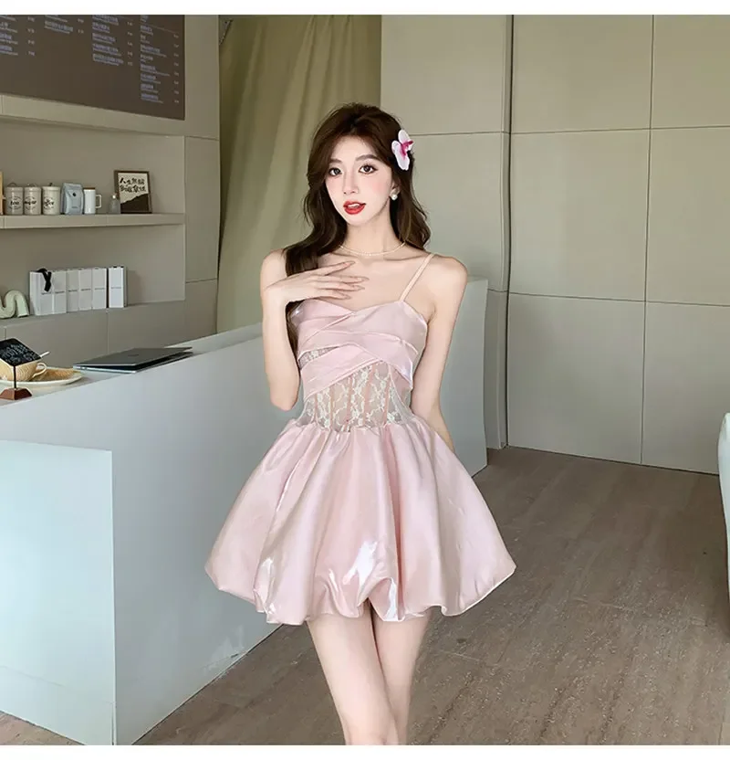 甘いきらめくサテンドレス、きらびやかなスカート、実際のショット、純粋な要求スタイル、高品質のセンス、小さなフォーマルなドレス、夏の新しいモデル