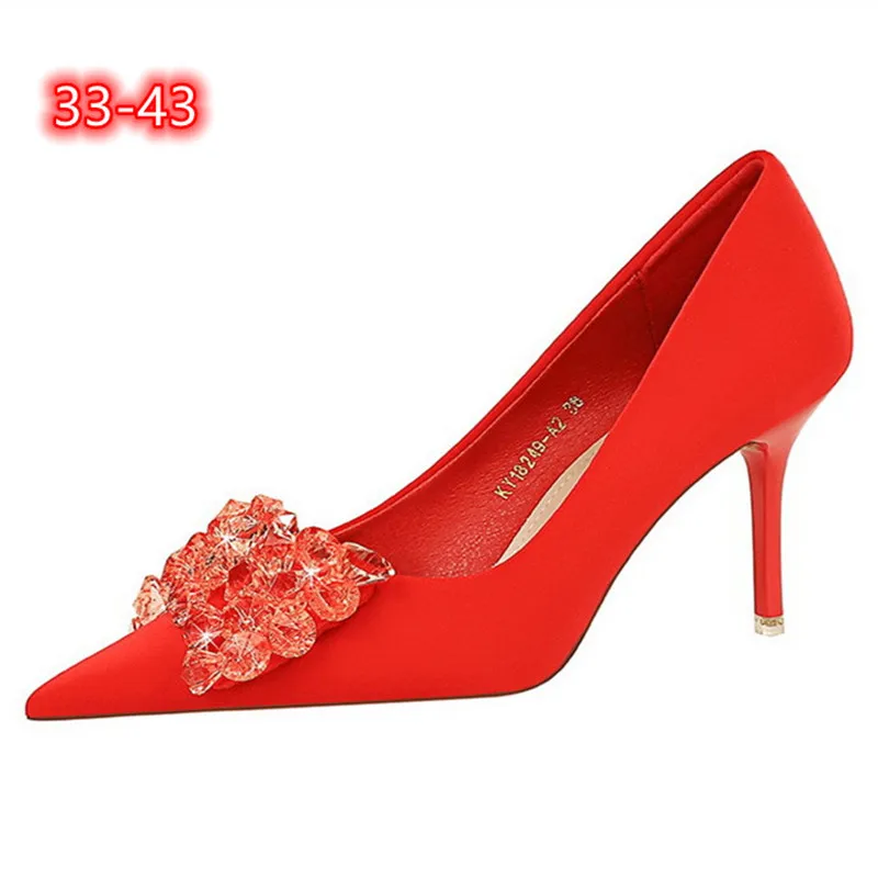 Female Silk Stain Null Pumps Pointy Toe Glass Crystal Super High Heels Shoes 10cm Sexy Party Nigh Club Slip-On Red Green Black