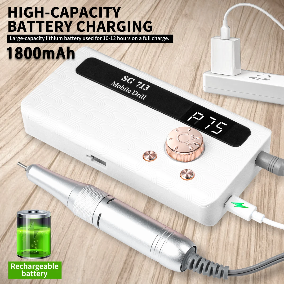 45000RPM elektryczna wiertarka do paznokci niski poziom hałasu akumulatorowa maszyna do polerowania żelu do paznokci nadaje się do narzędzi do salonu paznokci