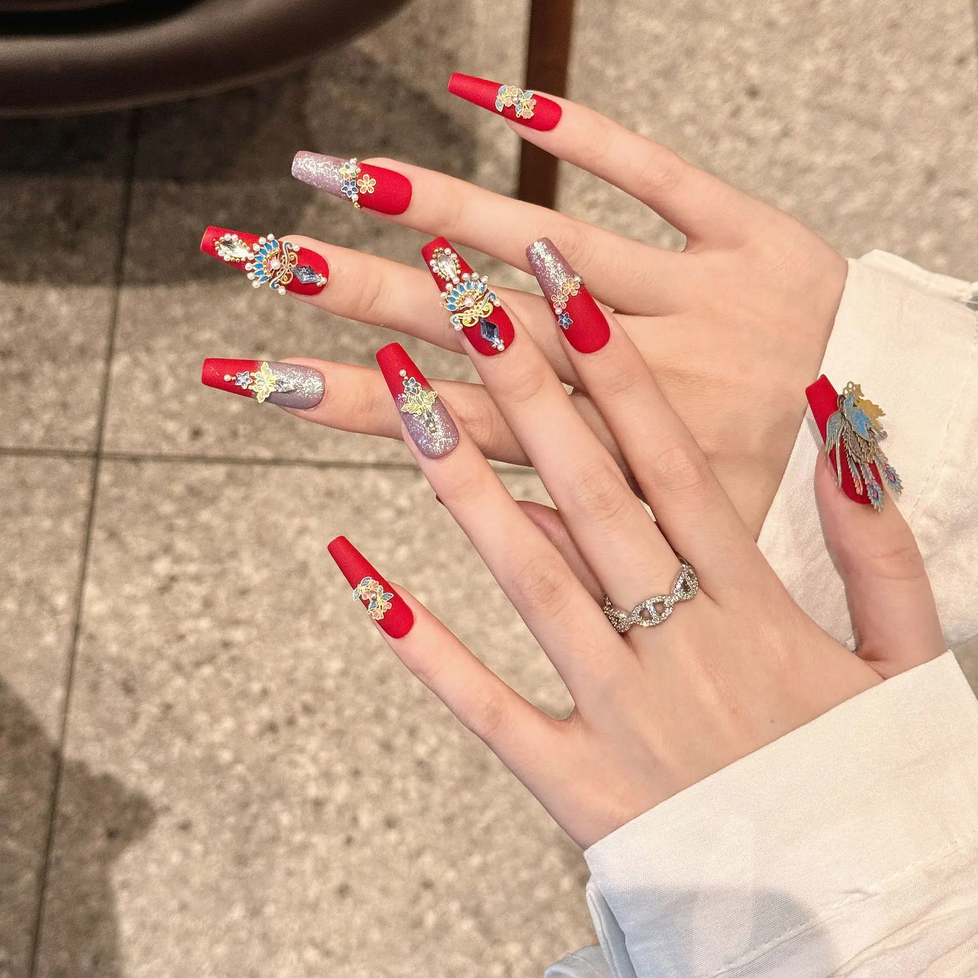 Wear nail festive Chinese red three-dimensional Phoenix peacock wear nail press on nails