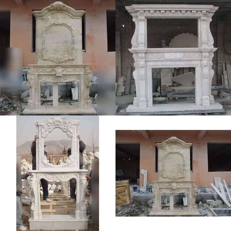 Custom Handmade Modern Large Luxury Marble Fireplace with Simple Pattern Engraving for Interior Decoration
