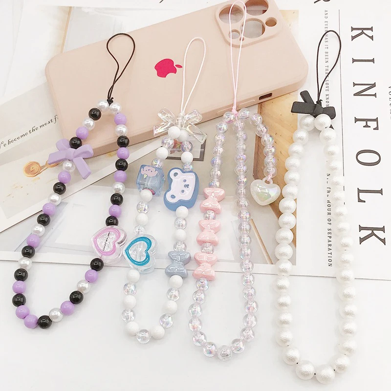 

Cute Bear Bow Knot Mobile Rope Keychain Lanyard Phone Beaded Chain Pendant Wallet Strap Short Anti Drop Hand String