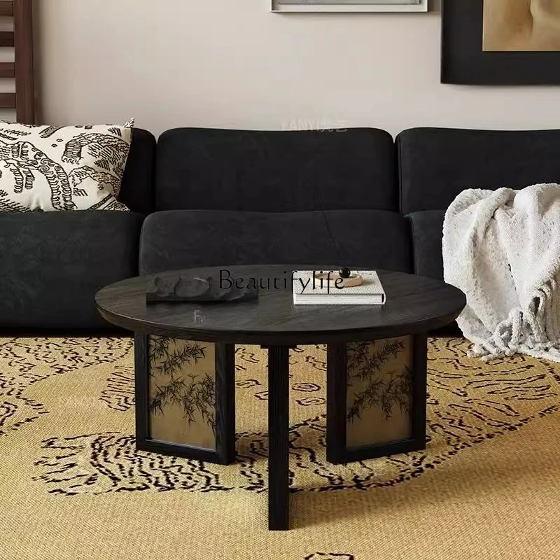 

Medieval solid wood coffee table round 2024 bay window tea table movable style