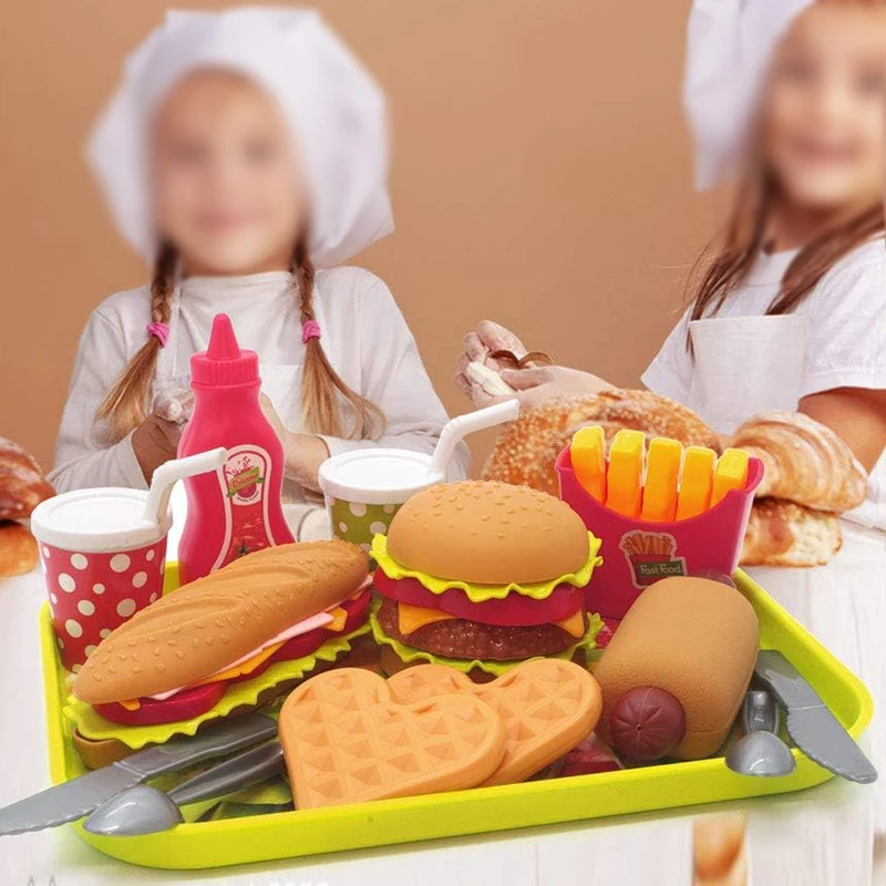 역할놀이 패스트푸드 세트, 어린이 주방 놀이 음식 - 주방 놀이 용품 - 놀이용 버거와 핫도그 포함 장난감 음식