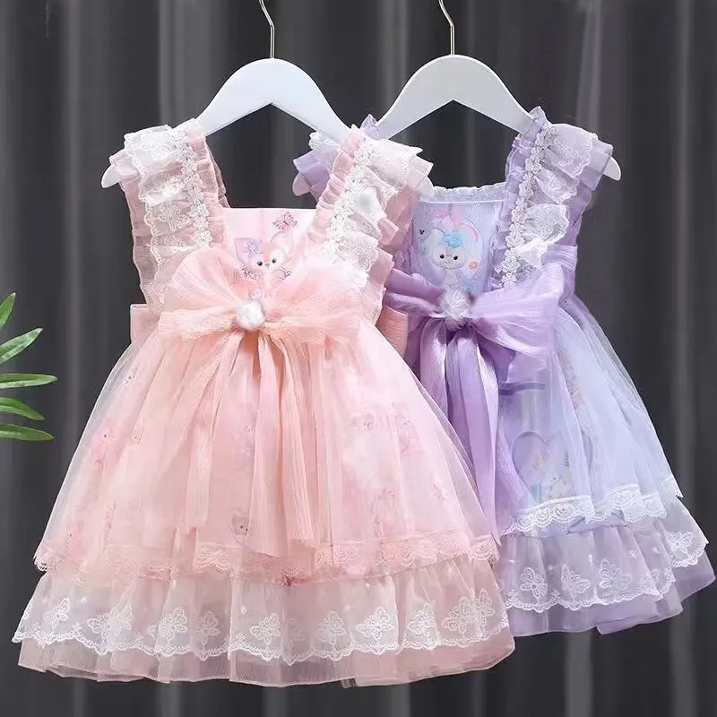 Vestido Roxo Lolita para Meninas 2026 de Verão com Laço Grande de Tule e Renda para Festa de Aniversário de Crianças e Bebês