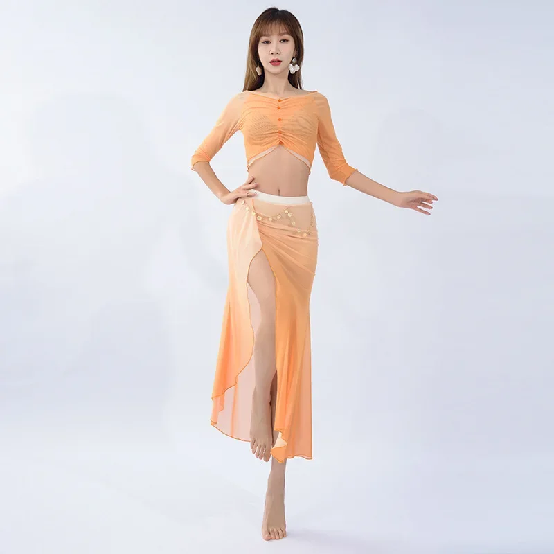 

Short and medium sleeved gauze belly dance with waist chain performance suit with flowing curve cut