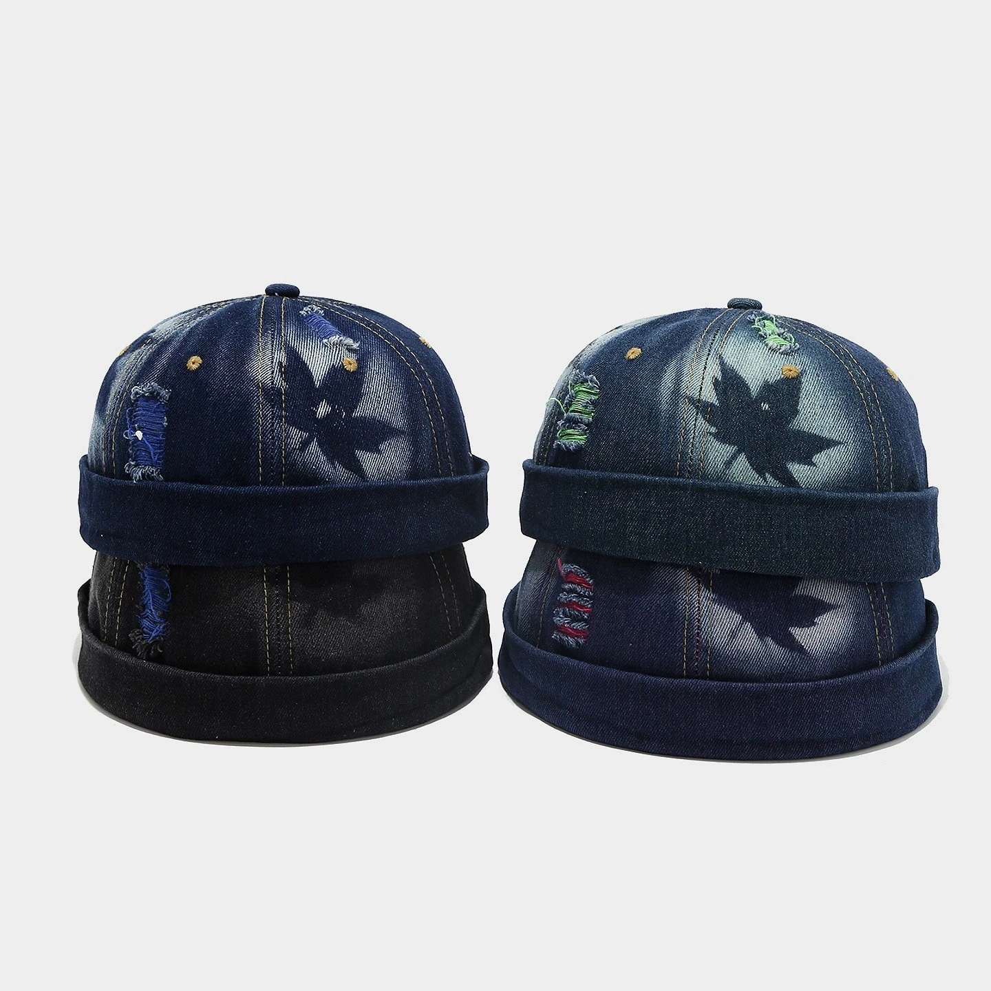 Leaf Pattern Hip-Hop Brimless Beanie Stylish Ripped Melon Cap Denim Distressed Landlord Hat for Men and Women