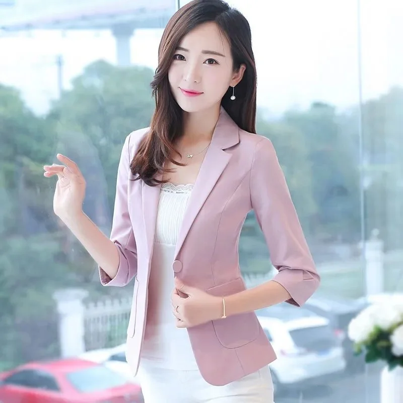 Summer New Women Blazer Three Quarter Sleeves Lapel Notch Collar Lady Formal Thermal Cardigan Plus Size Business Lady Coat Party