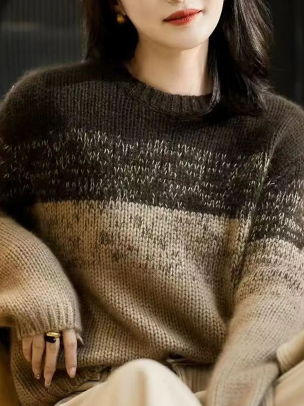 

Женский вязаный свитер с круглым вырезом, теплый, в полоску, свободного кроя, осенне-зимний, новинка, базовый топ