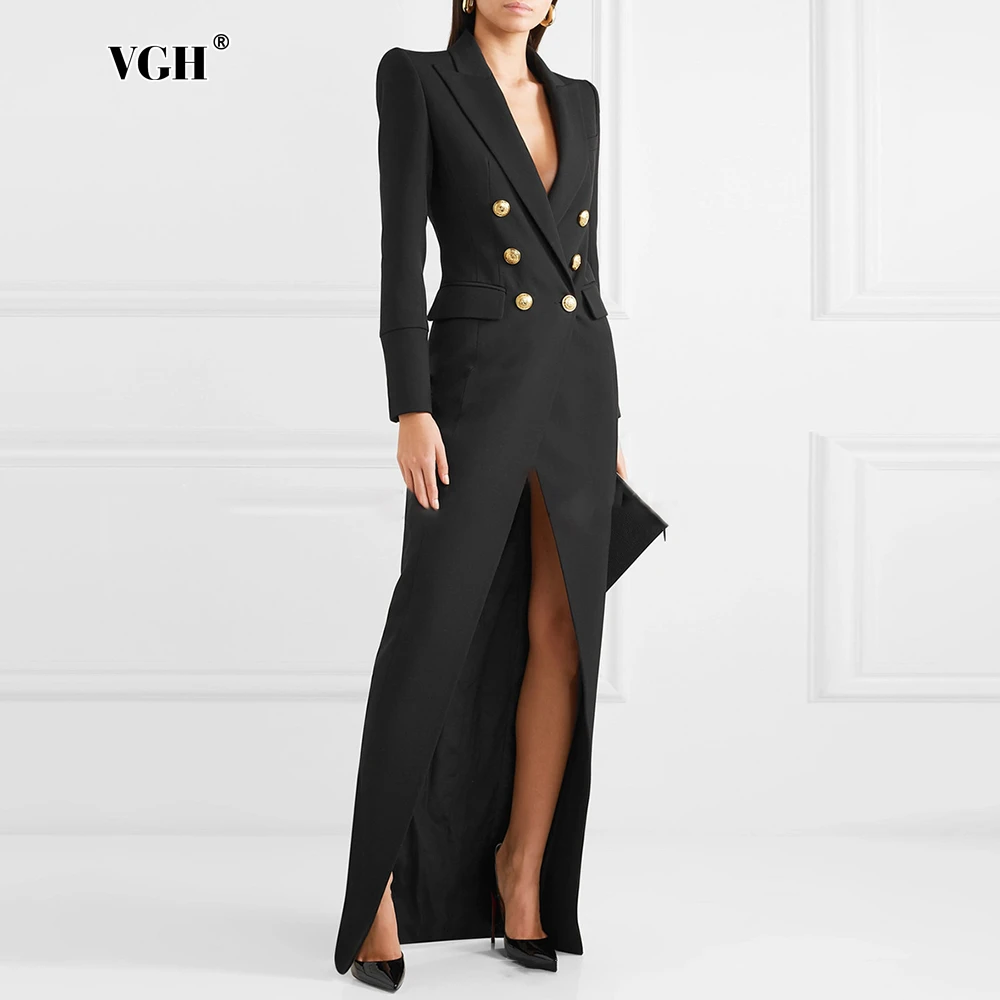 VGH Sexy Solid Spliced Button Slimming Dresses For Women Lapel Long Sleeve High Waist Temperament Dress Female Fashion Style New