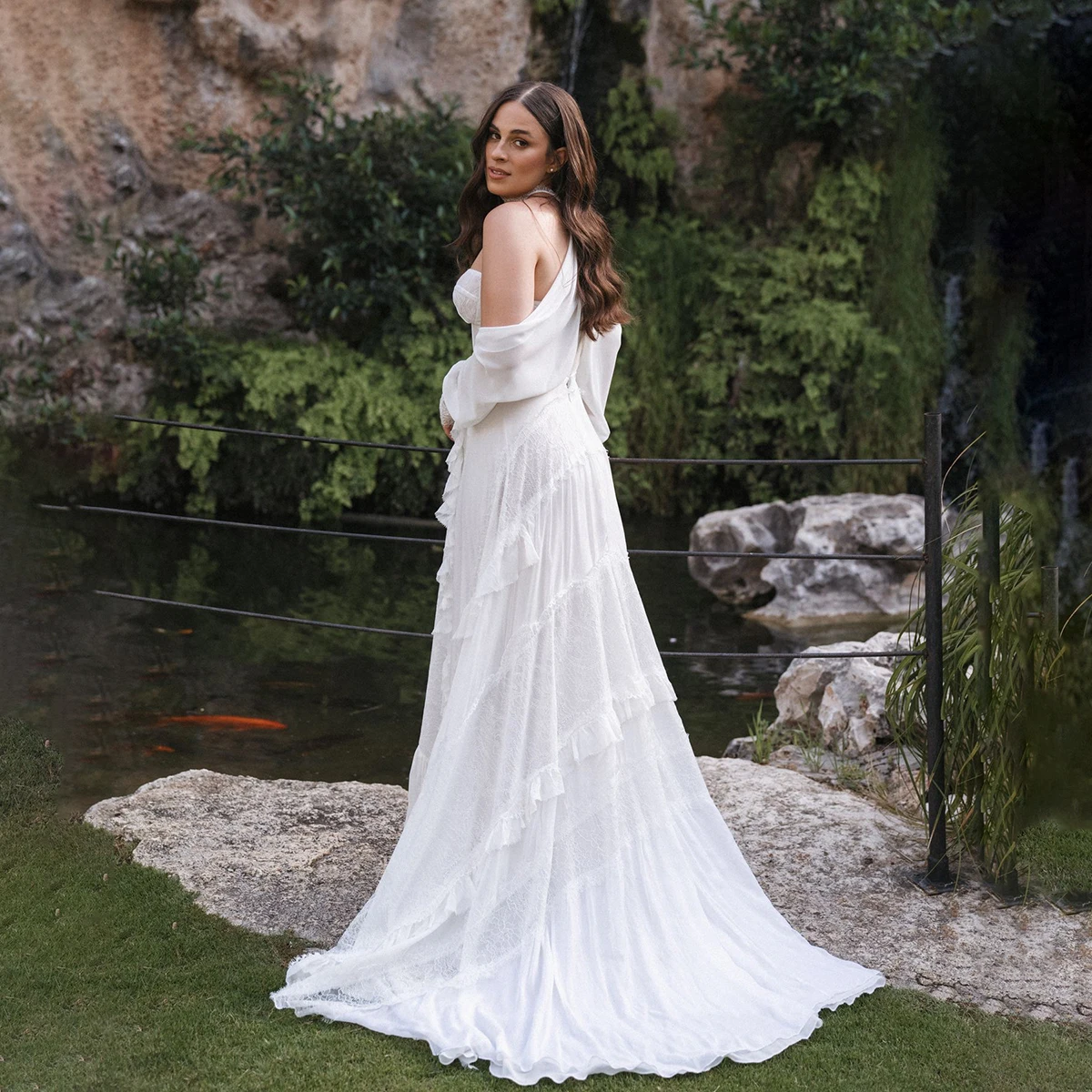 Drop Long Puff Sleeves Ruffled Chiffon Bridal Gowns Bohemian Sweetheart Lace Elopement Customized Plus Size Unique Wedding Dress