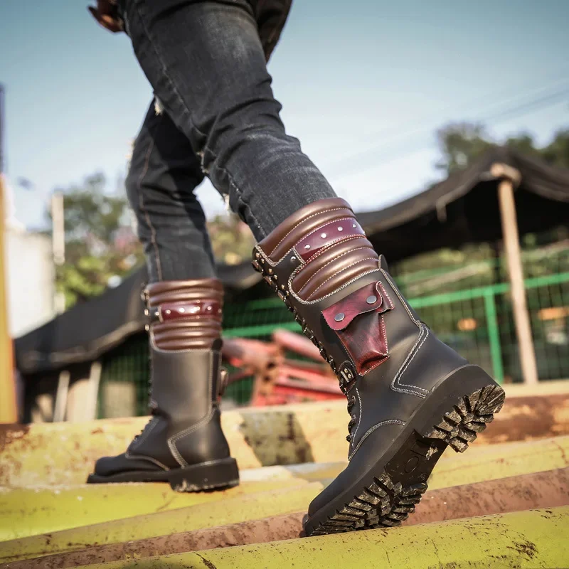 남성용 니하이 가죽 부츠 겨울 남성 오토바이 부츠 고딕 펑크 신발 남성 야외 군사 캐주얼 툴링 부츠 남자