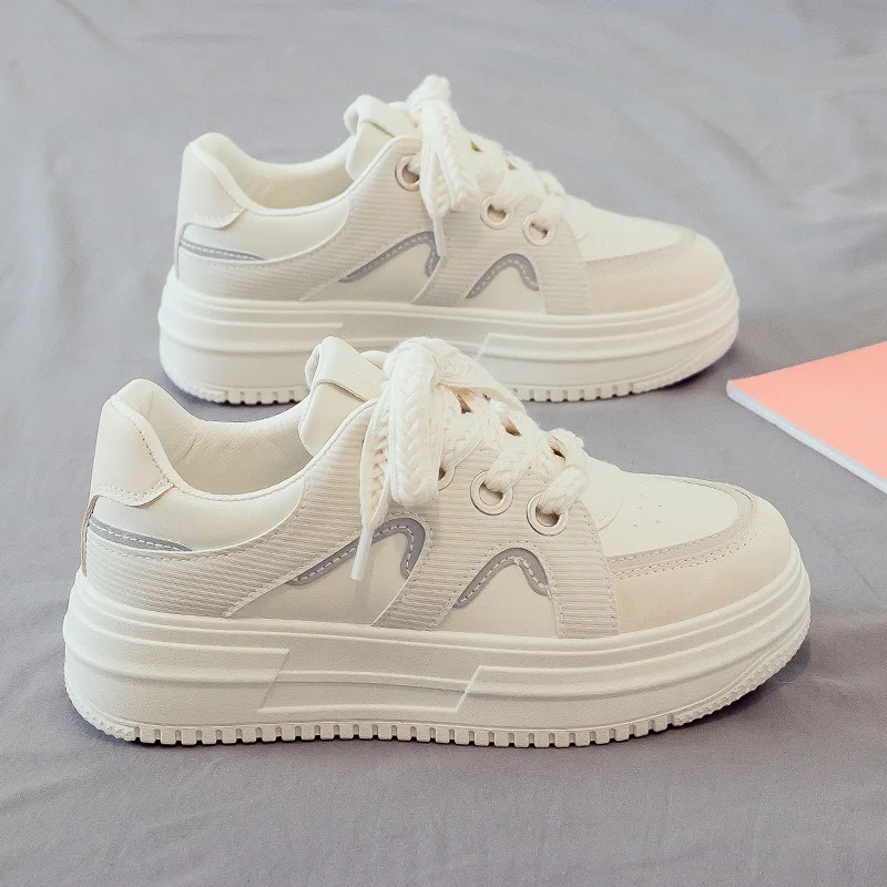 

Women's Chunky Flat Sneakers Students Casual Thick-Soled Non-slip White Shoes Breathable Girls' Lace-Up Platform Sneaker