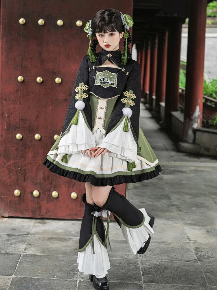 Herfst En Winter Lolita Kung Fu Roll Schattige Panda Chinese Vintage Plaat Knoop Korte Mouw Lange Mouw Prinses Stijl Jurk