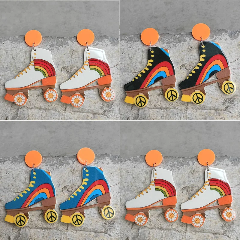 Fashion Earrings Retro Roller Skating Shoes Earrings Rainbow Peace Smiley Face Flowers Bright Oil Acrylic earrings Earrings Hot