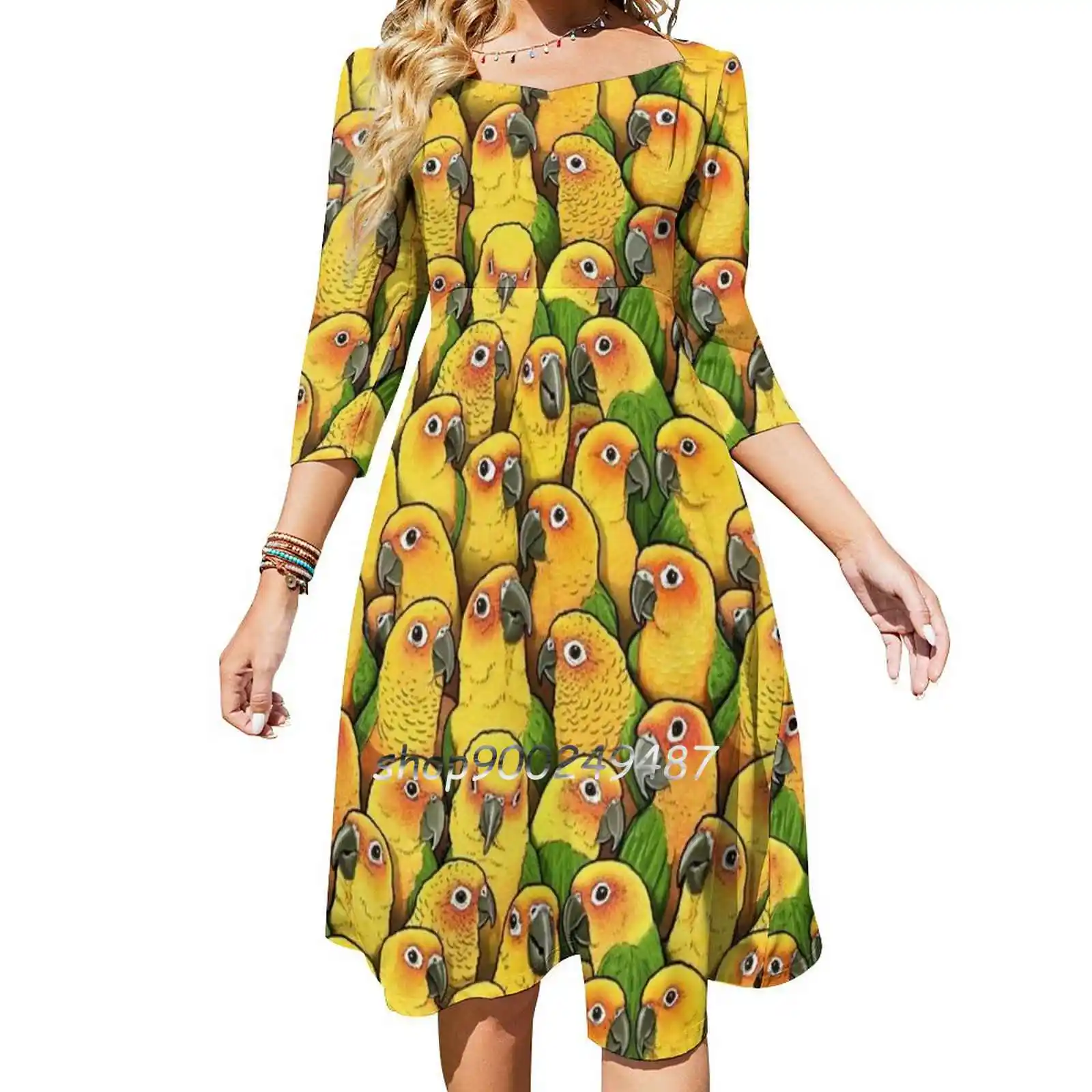 Jenday Conures Sweet Elegant Dress Women Korean Kawaii Square Collar Dress Jandaya Parakeet Jandaya Jenday Parakeet Parakeets