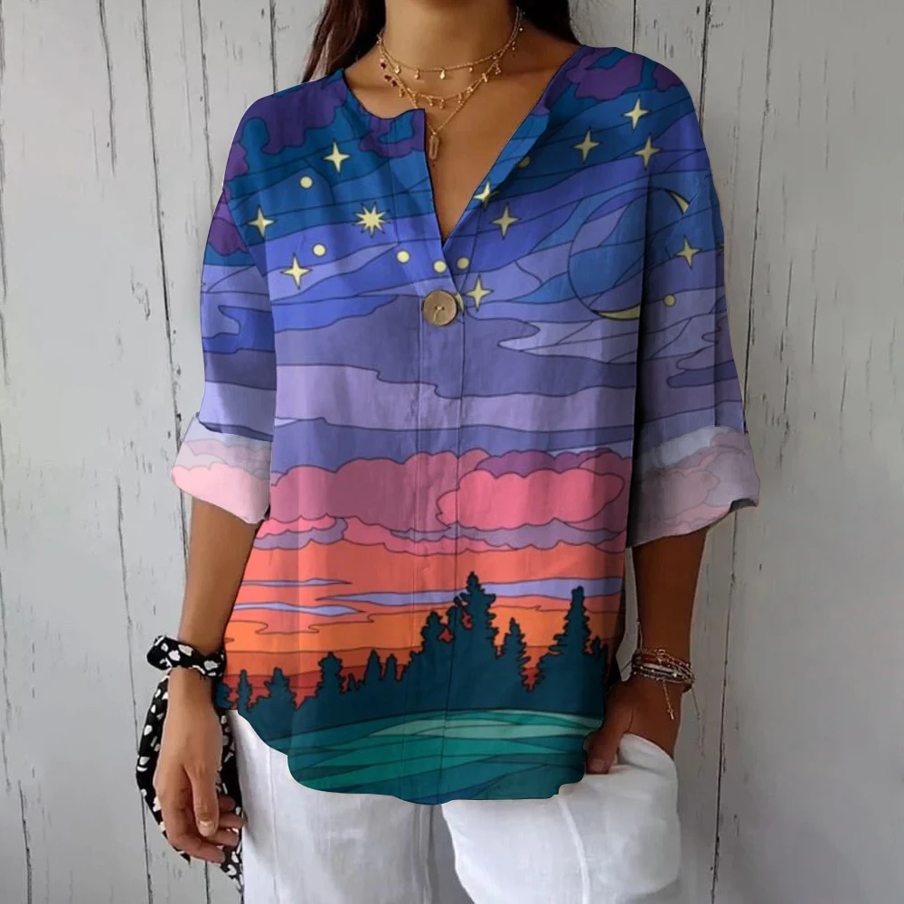 Vibrant Multi-Colored Night Sky and Tree Patterned Shirt for Women Stargazing Night Women's Casual Cotton Linen Shirt Elegant