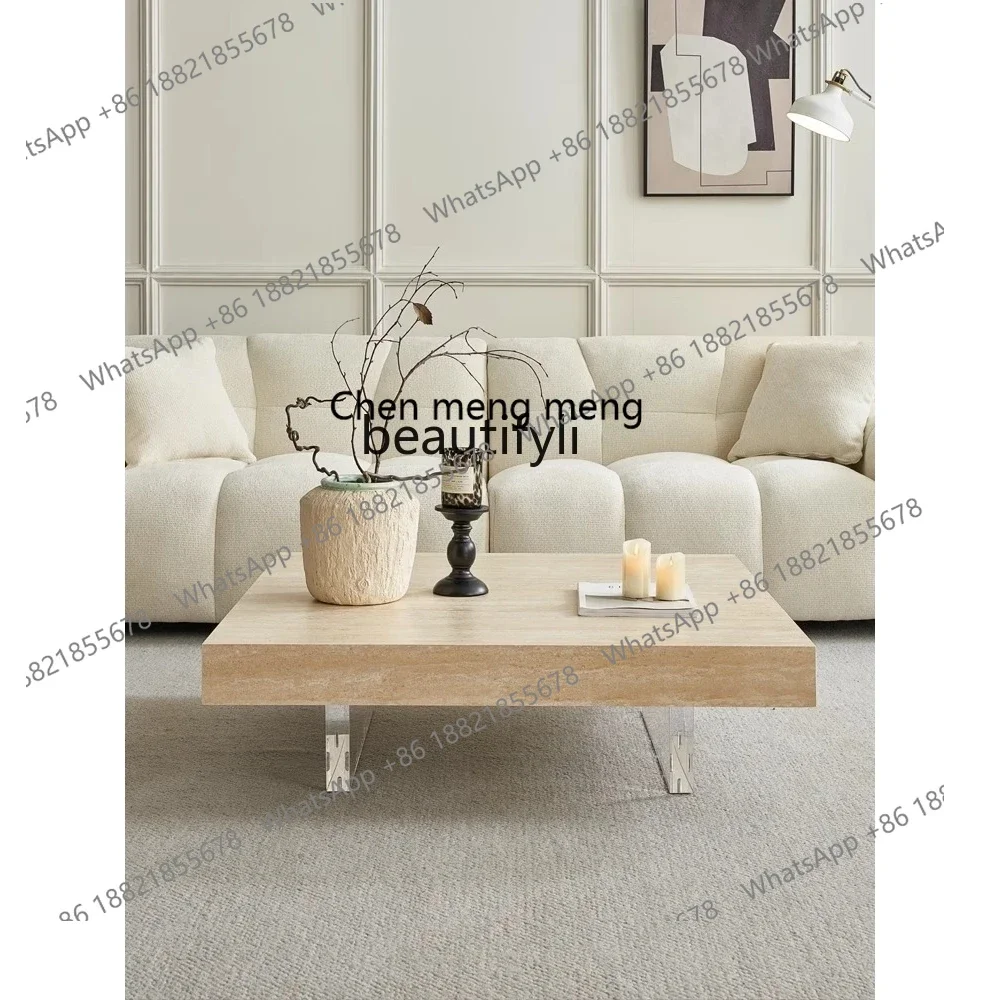 

178Travertine rock slab coffee table small apartment acrylic suspension living room minimalist cream style tea table2936