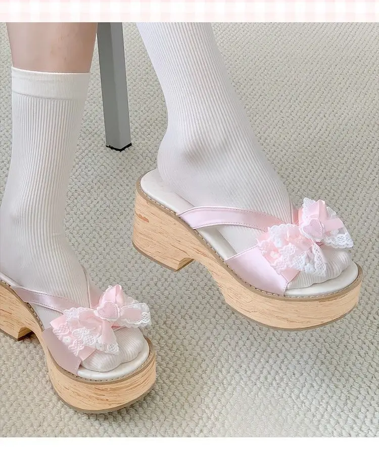 Sweet Bow Wood Grain Thick Bottom Platform Slippers Women Summer Japanese Cos Comfortable High Heeled Sandals