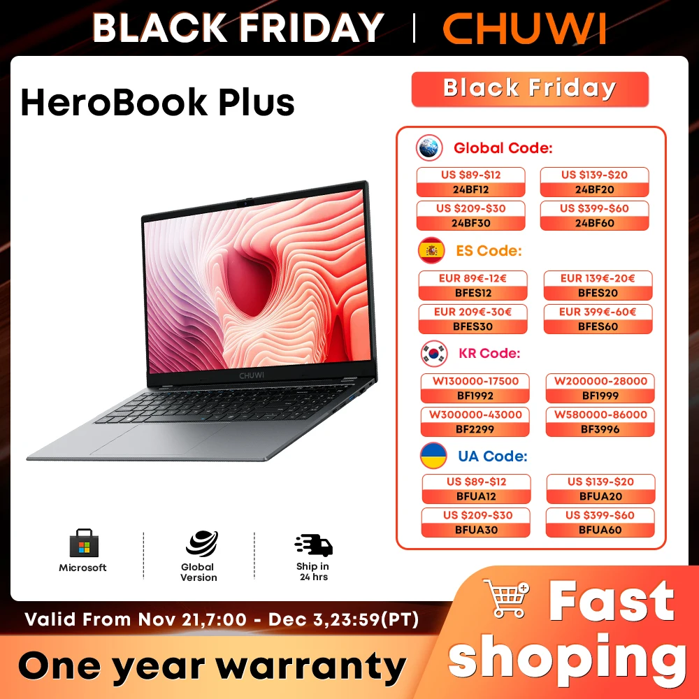 CHUWI HeroBook Plus 15.6\'\' Laptop, 256GB SSD 8GB RAM, Windows 11 Laptop, 1TB SSD Expand, Intel Celeron N4020, 2K FHD IPS Display