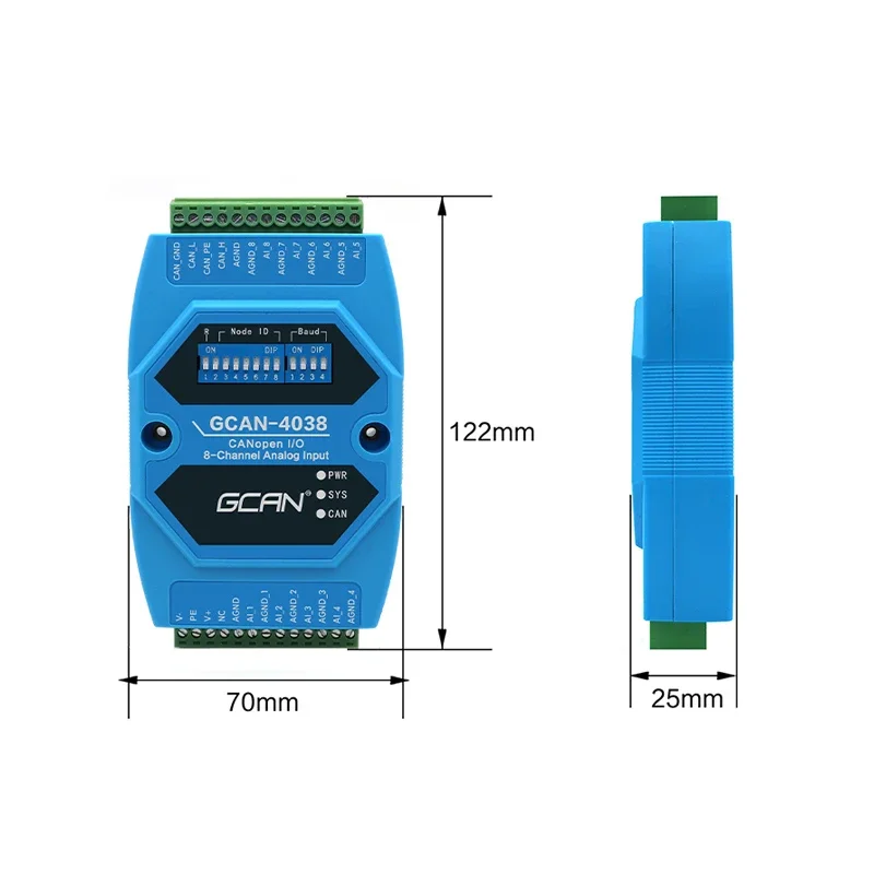 CANopen CAN bus IO 8AI analog input module data acquisition GCAN-4038