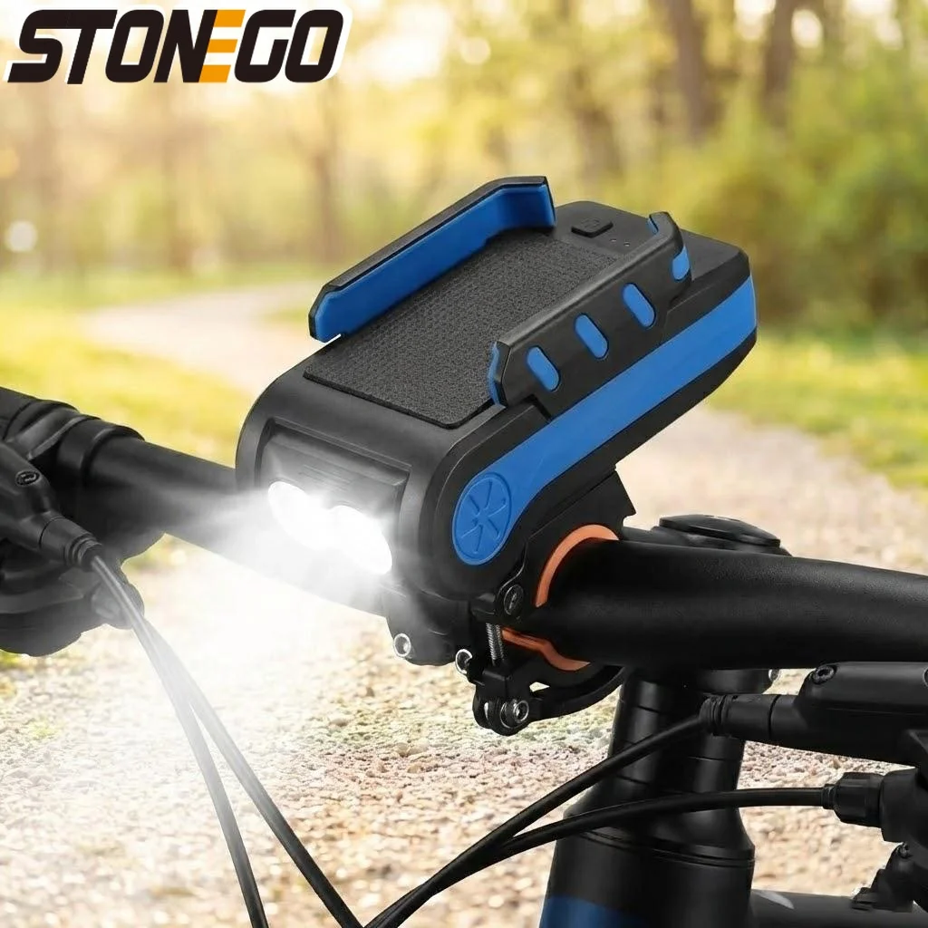 

Rechargeable LED Bike Light Multifunctional 4 In 1 Front Lamp Bicycle Flashlight Horn Holder Power Bank Phone Stand