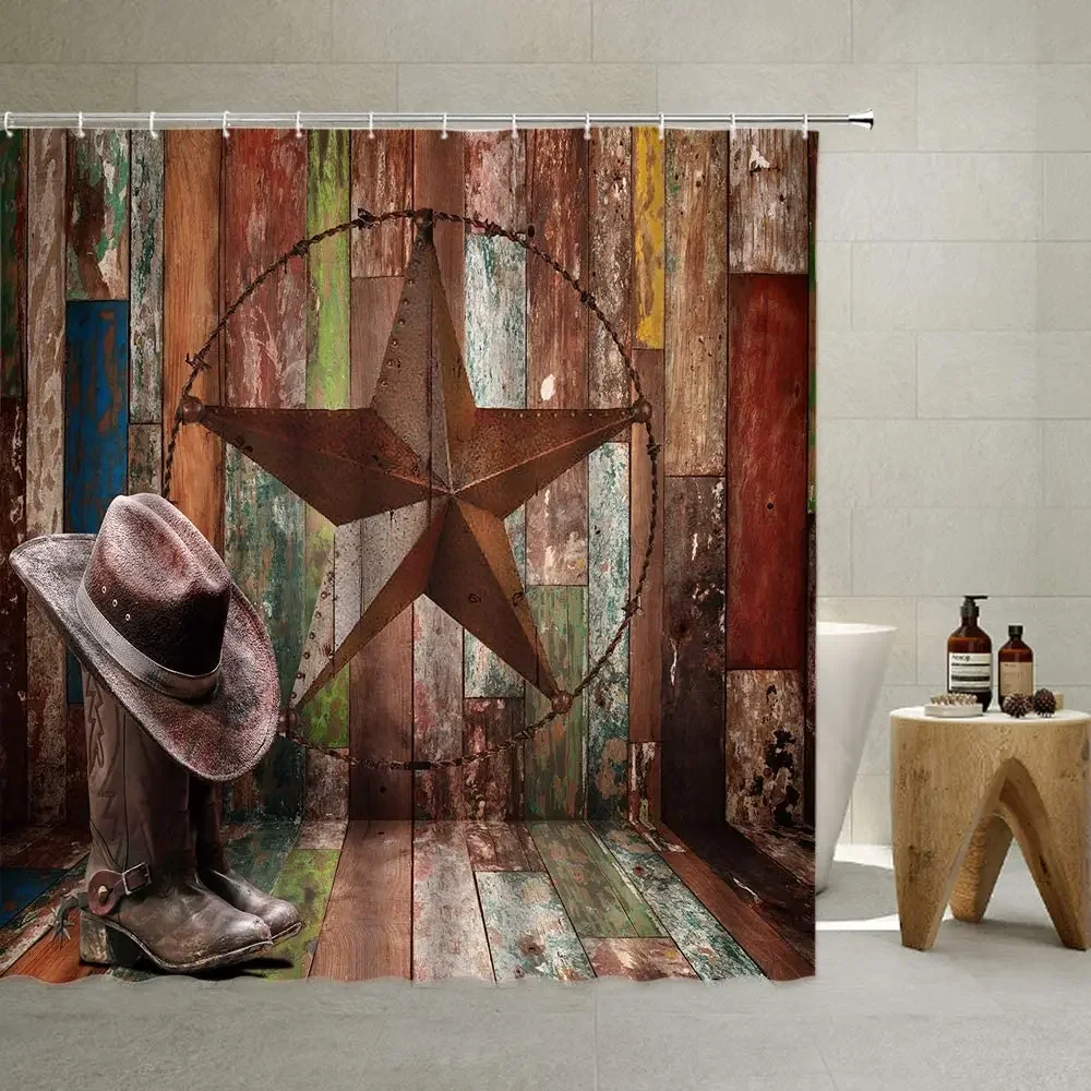 Farmland Vertical Striped Old Timber Western Rodeo Cowboy Hat Deer Hunting Village Art Teal Brown Tulip Flower Shower Curtain