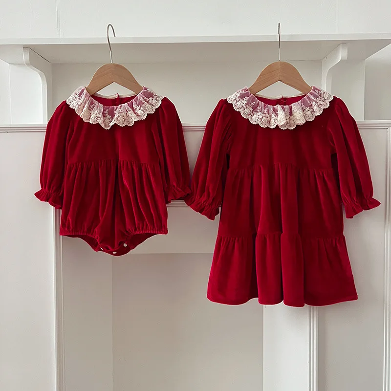 

Girls' Dress Lace Collar Baby Clothes Christmas Baby Girl Romper Triangle Crawling Suit Sister Outfit Autumn Style