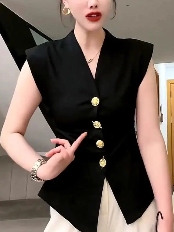 

Retro Tailored Vest Women's Faion Summer V-ne Slim Fit Waist Cinch Heavy Button Svel irt Korean Sle Thin Material