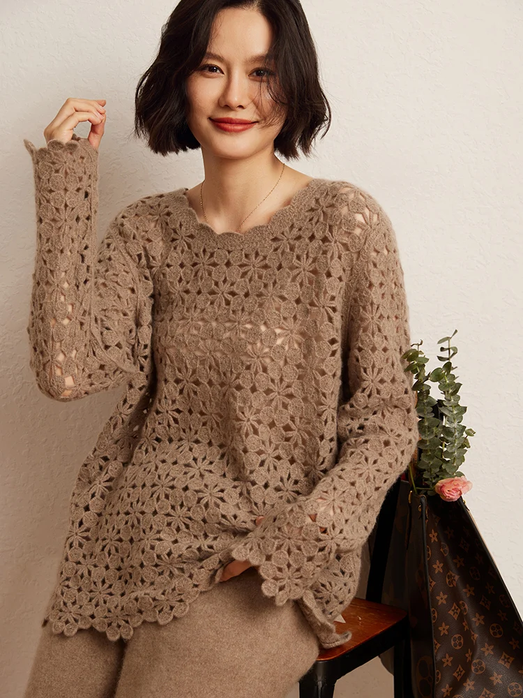

TLOML Women‘s 100% Cashmere Sweater Handmade Crochet Cashmere Hollow O-neck Pullover Knitwear Autumn Winter Chic Luxur Soft Top