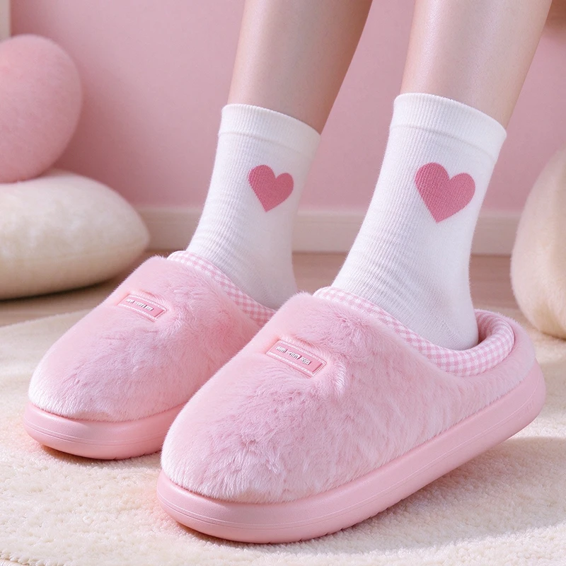 Women Winter Furry Home Slippers Pink Plush Warm Lining Slipper Woman Thick Platform Non-slip Indoor Bedroom Cozy House Slides
