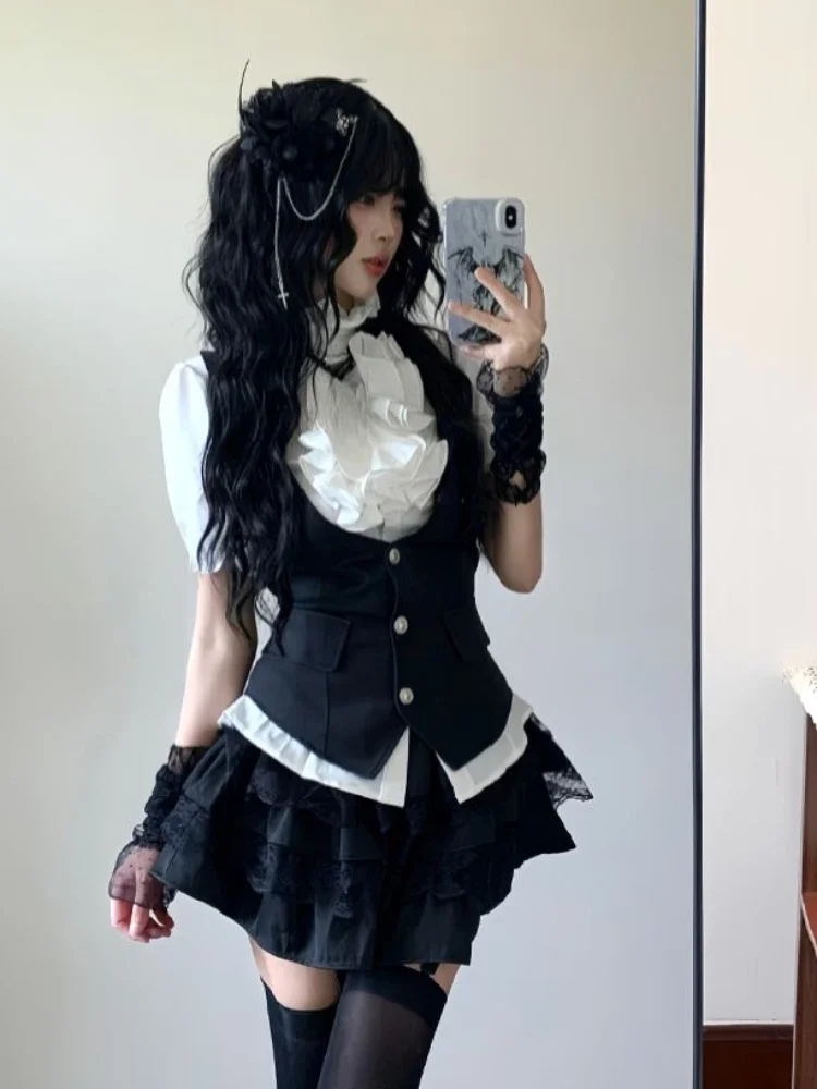2000s American Retro 3 Piece Sets Women Casual Y2k Crop Top Blouse + Vest + Skirts Outwear Subculture Harajuku Vintage Suits
