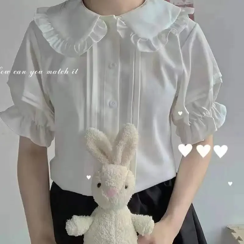 QWEEK ญี่ปุ่นหวาน Lolita สไตล์เสื้อผู้หญิง Kawaii Peter Pan COLLAR JK เสื้อสาวน่ารัก Ruffles สั้นพัฟแขนเสื้อสีขาว