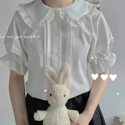 Qweek japonês doce lolita estilo blusas femininas kawaii peter pan colarinho jk camisas meninas bonito babados manga curta puff branco topo