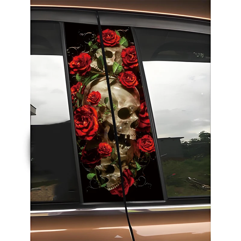 

2pcs Red Rose Skull Car B-Pillar Vinyl Decal Waterproof Sticker Diy Cover Decoration Sticker For Car Door Posts