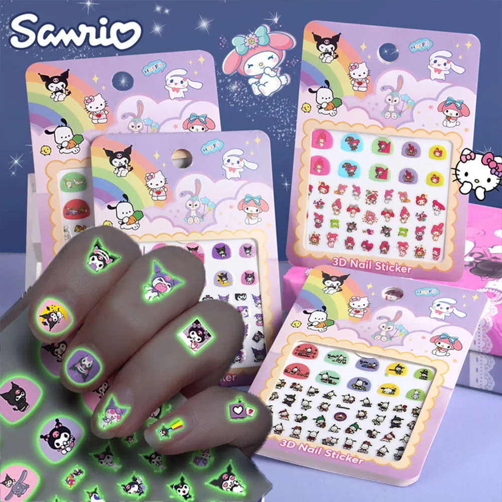 5pcs/Set Kids Luminous Sanrio Nail Stickers 3D Hello Kitty Kuromi&my Melody Noctilucent Nail Art Decals Kawaii Manicure Patch