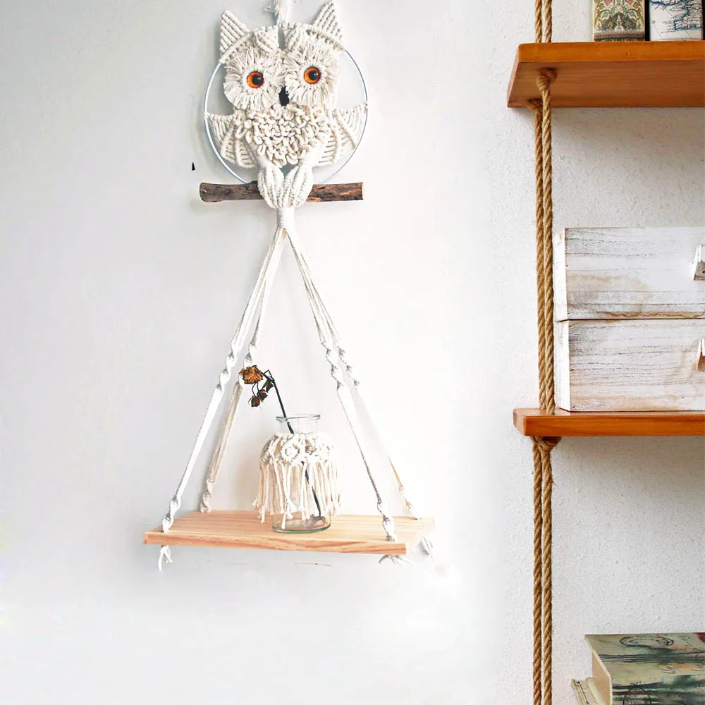 New arrival bohemian macrame handmade wall storage rack owl rack for wall hanging