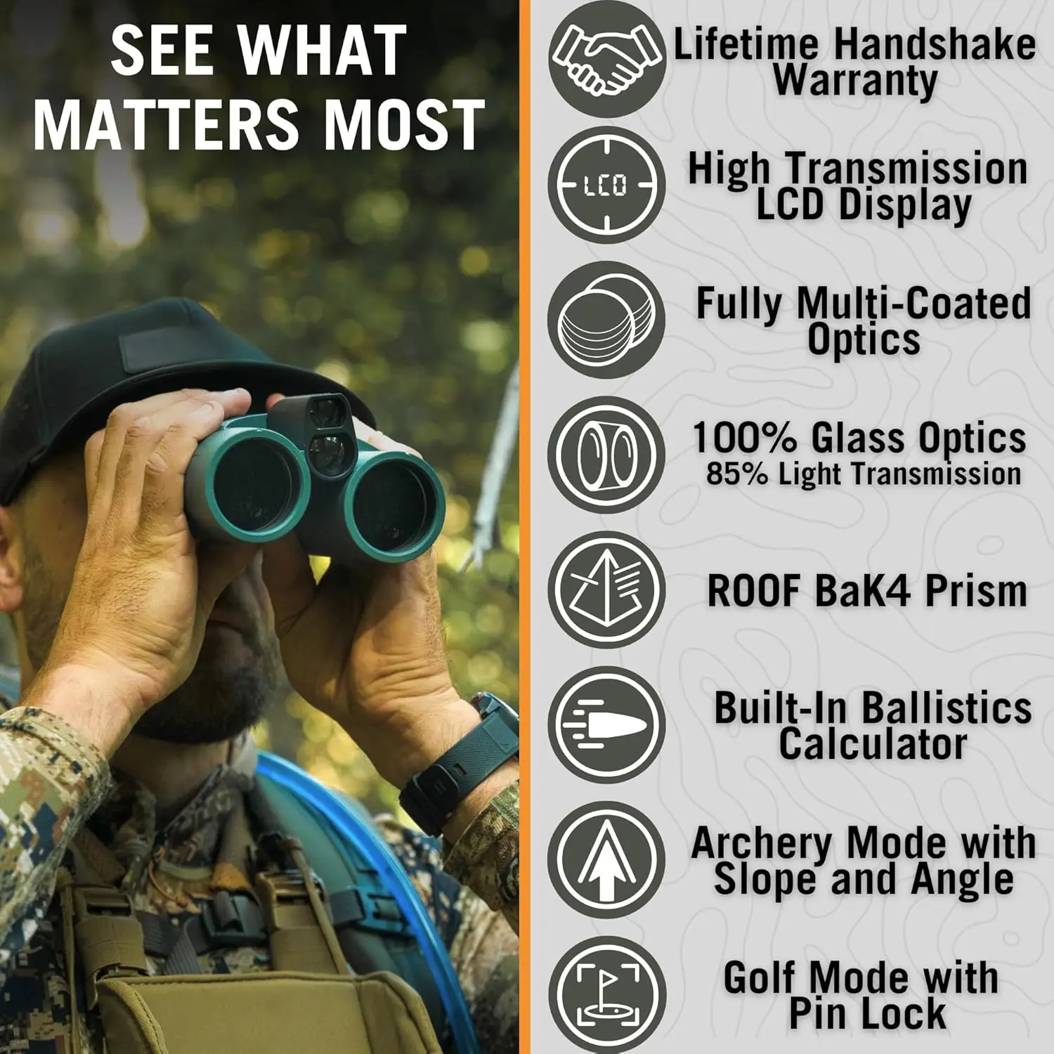 10x42 1760 Yard Laser Rangefinder Binocular for Hunting, Shooting and Golf with Built-in Ballistics, Bright HD LCD