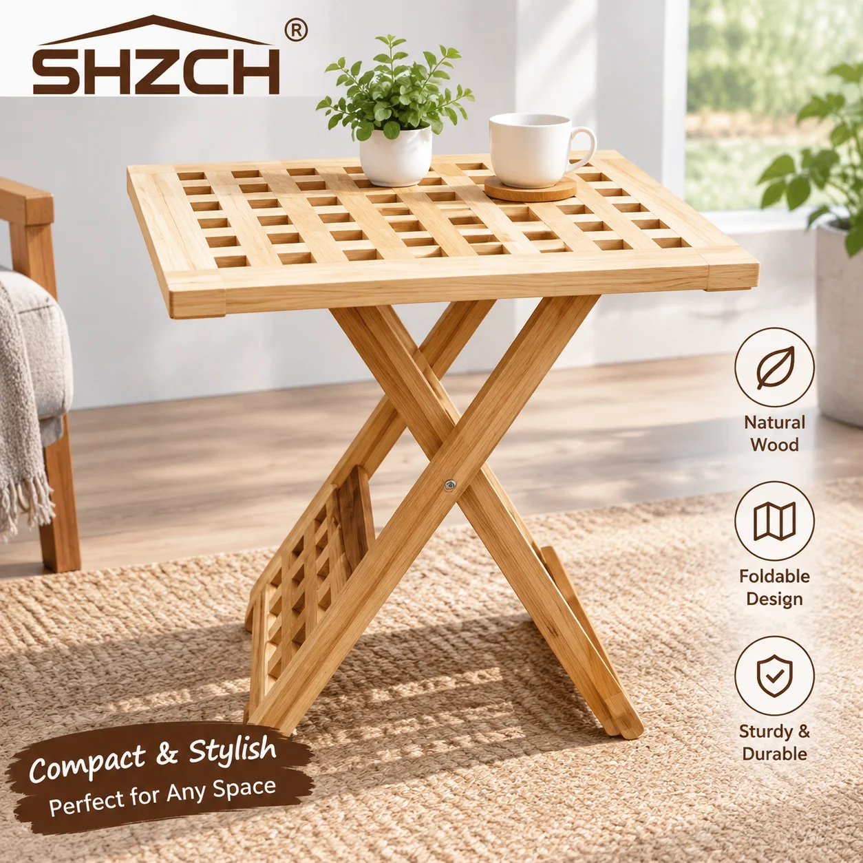 Solid Wood Folding Coffee Table Portable Side Table with Grid Design Sturdy Frame Eco-Friendly Finish Creative End Tables