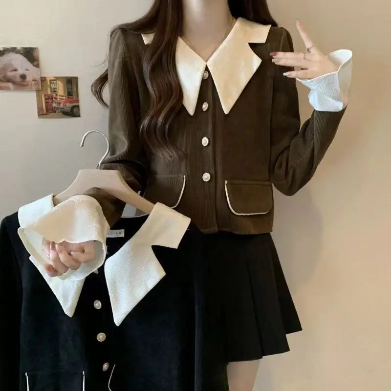 Contrasting Color Doll Collar Shirt Female Autumn Slim Design Trumpet Sleeve Top