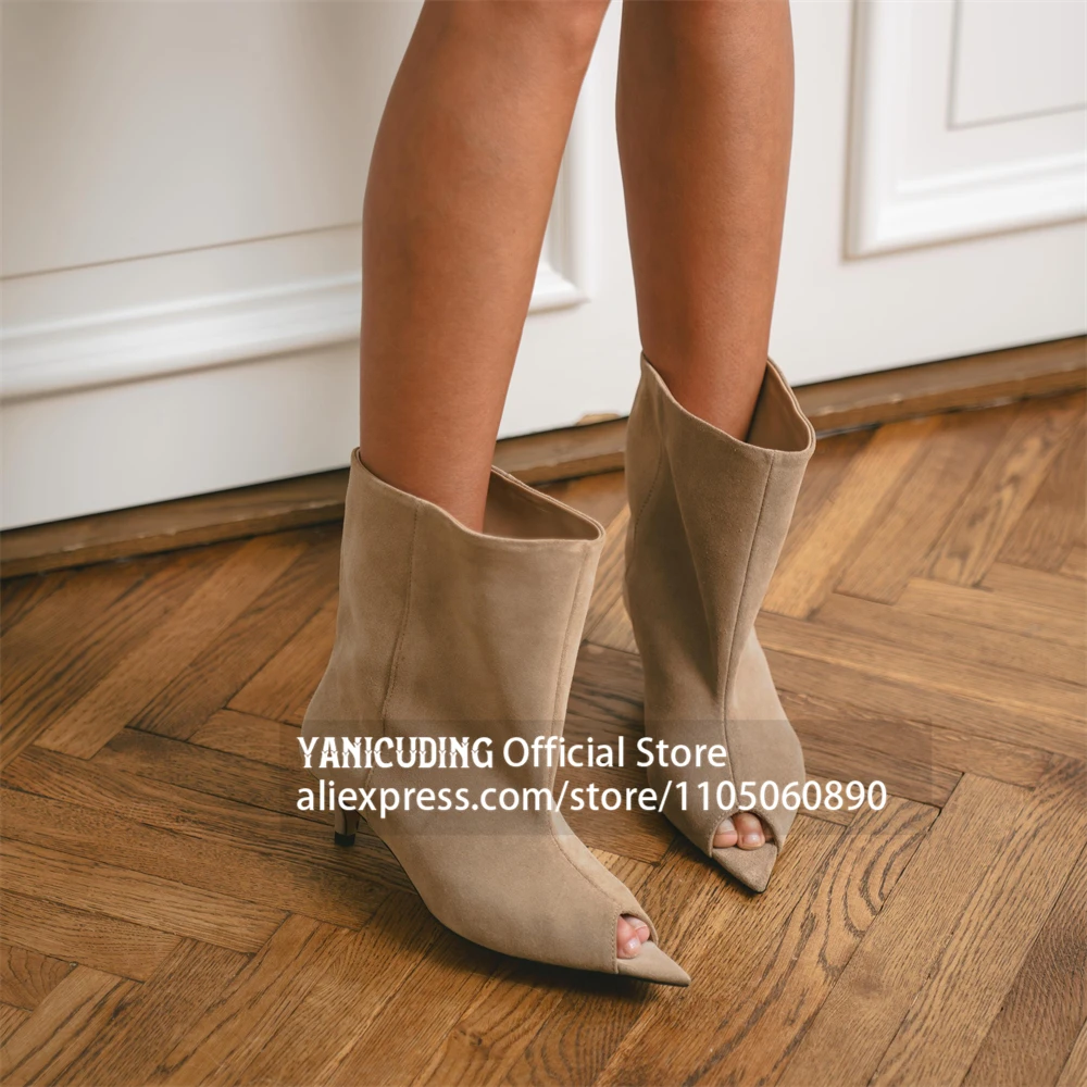 Suede Peep Toe Low Heel Ankle Boots Wide Shaft Pointed Toe Cutout Low Stiletto Short Boots Customizable Multicolor Women Boots