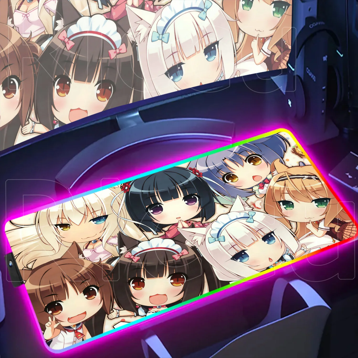 

XXL RGB Glowing Deskmat Nekopara Mouse Pad Cute Anime Chocolate Vanilla Gaming Mousepad LED Backlit Rubber Non-slip Keyboard Rug