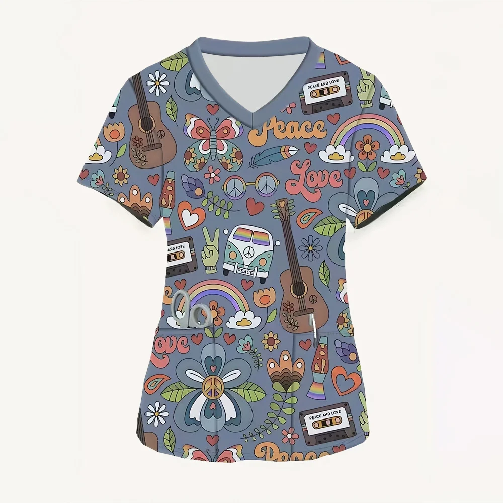 Medical Blouse Clinic Hospital Workwear Healthcare Nurse Cat Print Uniform Carer Working Short Sleeve Tops Women T-shirt Nursing