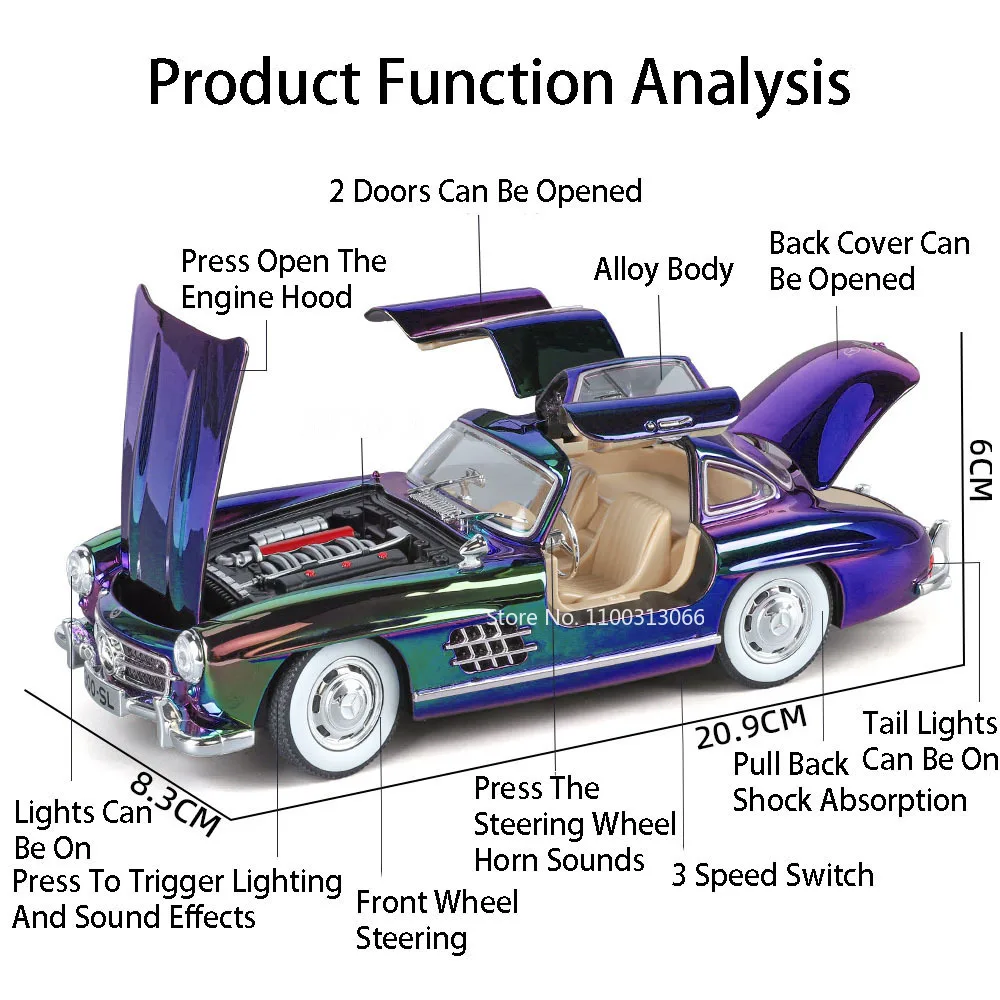 1:24 Benz 300SL Alloy Diecast Cars Toy Model Wheel Pull Back Vehicle 4 Doors Opened Light Sound Vintage Car Boys Collection Gift