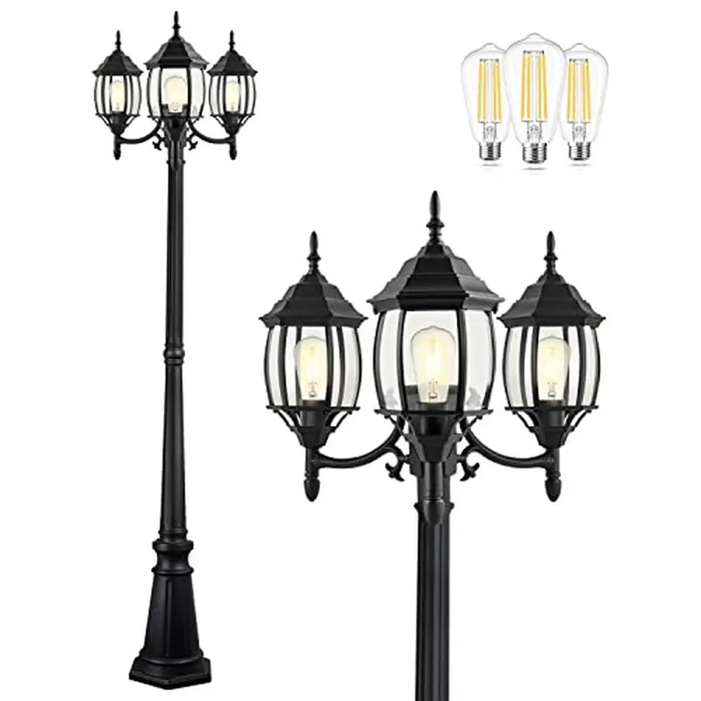 

Outdoor 3-Head Black Lamp Post Light with Clear Glass Panels E26 Base Maximum 100W LED Bulbs Included Outdoor Decoration and