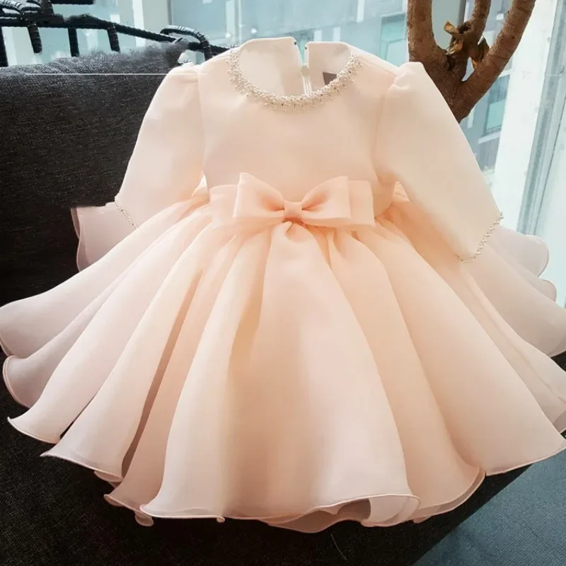 Lace Baby Girl Dress Beaded Baby Girls Birthday Dress Kids Clothes Long Sleeve Infant Party Vestido Baby Christening Gowns Dress